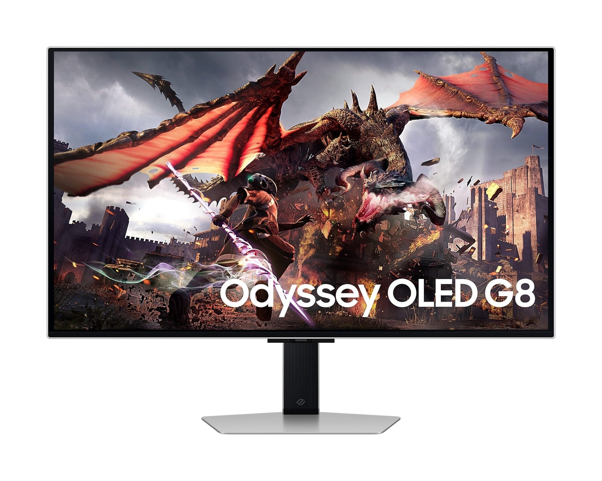 Monitor Samsung Odyssey G8 - widok z przodu z wyświetlanym obrazem gry