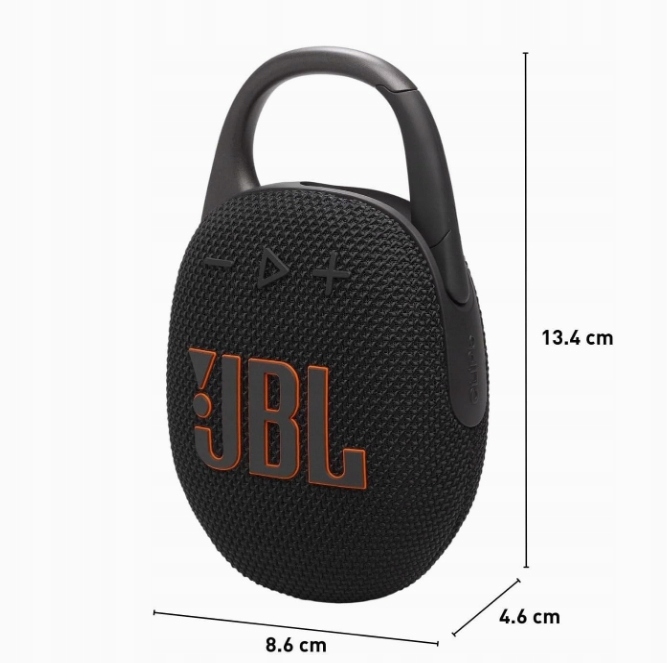 Głośnik przenośny JBL Clip 5 przypięty do paska.